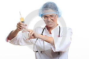 Evil doctor with big syringe