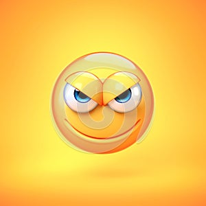 Evil emoji isolated on yellow background, mischievous emoticon 3d rendering photo