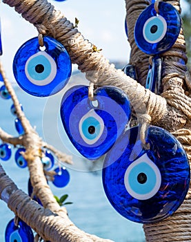 Evil eye beads closeup. Nazar beads. Turkish tourist souvenir, Istanbul, Turkey