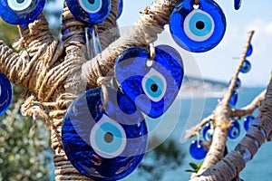 Evil eye beads closeup. Nazar beads. Turkish tourist souvenir, Istanbul, Turkey