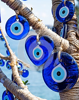 Evil eye beads closeup. Nazar beads. Turkish tourist souvenir, Istanbul, Turkey photo