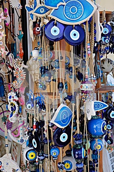 Evil eye blue and white souvenirs on sale to tourists, Corfu, Greece