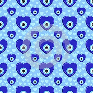 Evil eye pattern. Greek heart bead and turkish blue nazar seamless background. Amulet for luck and energy protection