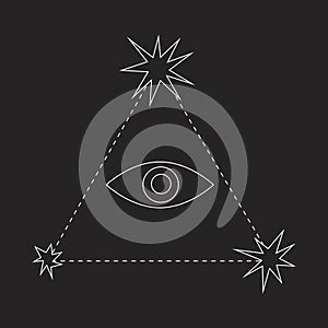 A evil eye and stars and linear triangle isolated on black background, a outline  stock illustration for occultism and