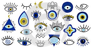 Evil eye symbols. Hand drawn eyes talismans, fatima hand, hamsa and turkish evil eye, sacred spirituality amulets vector