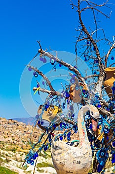 Evil eye talismans tree Cappadocia Turkey