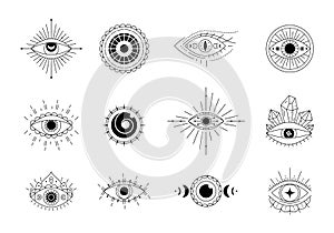 Evil eyes collection. Magic witchcraft eye talisman, magical esoteric eyes line art
