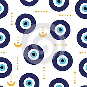 Evil eyes seamless pattern. Abstract hand drawn greek eye talismans, doodle shapes cartoon style. Trendy vector illustration