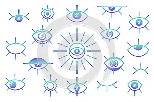 Evil eyes. A set of different talismans. The gradient colors. Modern fashion vector illustration. All elements are