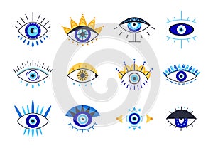 Evil eyes turkish esoteric elements. Greek mascot, outline blue eye art sign. Magic spiritual symbols, contemporary