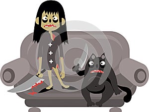 An evil girl with a knife in her hands and an evil black cat are located on a gray sofa. Cartoon.