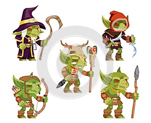 Evil goblins pack dungeon dark wood tribe monster minion army fantasy medieval action RPG game characters isolated icons photo