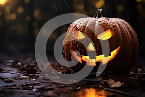 Evil Halloween pumpkin head Jack-o'-lantern candles burning with fire in forest.