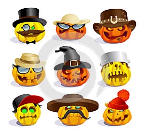 Evil halloween pumpkins, cartoon personages, crazy pumpkin symbols set