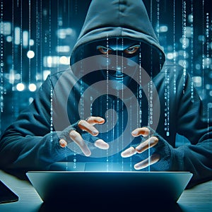 Evil hooded masked hacker scammer with laptop digital matrix rain