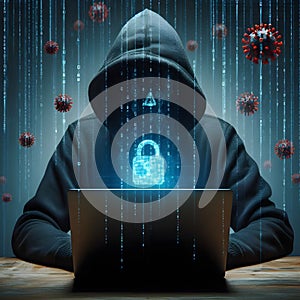 Evil hooded masked scammer with laptop digital matrix rain viruses