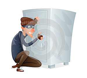 Evil Insidious Cruel Thief Tries to Open Safe Strongbox with Values Steal Character Icon Cartoon Design Vector