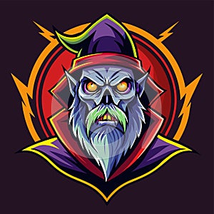 An evil man with a beard and a hat on his head in a menacing pose, Illustration Vector Graphic, Zombie Evil Wizard Logo