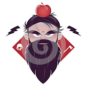 Evil man with a long beard and an apple on his head