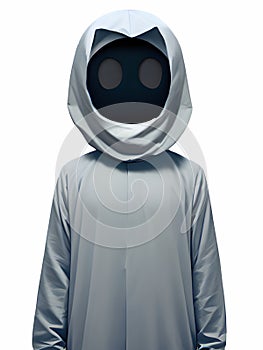 evil man wearing mask and hood on white background, Ai generated