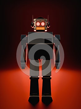 Evil metallic robot on red background, artificial intelligence retro 60s - Robot metÃÂ¡lico malvado en fondo rojo, inteligencia photo