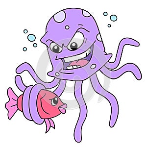 An evil octopus is catching a fish that is powerless to eat, doodle icon image kawaii