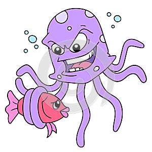 An evil octopus is catching a fish that is powerless to eat, doodle icon image kawaii photo