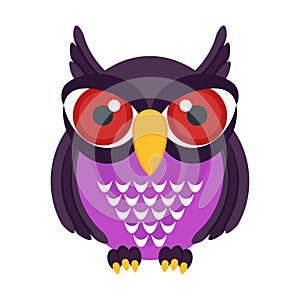 Evil owl with red eyes. Flat vector cartoon bird.