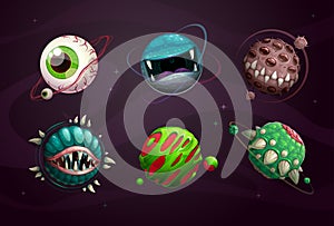 Evil planet concept. Scary monster planets set. Fantasy cosmic assets for game design.