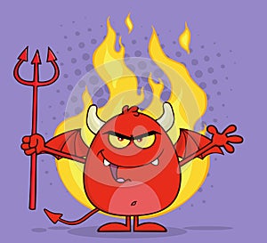 Evil Red Devil Cartoon Character Holding A Pitchfork Over Flames