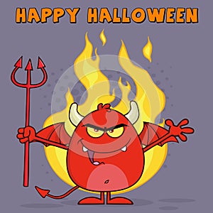 Evil Red Devil Cartoon Character Holding A Pitchfork Over Flames