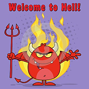 Evil Red Devil Cartoon Character Holding A Pitchfork  Over Flames