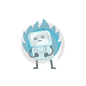 Evil robot in anger with fists and fire. Character virus bot troll. Enraged computer. Flat color vector illustration