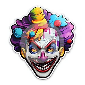 Evil and Scary Clown Sticker with a Black Border and Florescent Colors on White Background. Generative ai