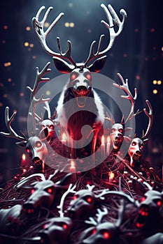 Evil sinister christmas Reindeer horror, spooky, terror above a pile of corpses