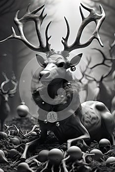 Evil sinister christmas Reindeer horror, spooky, terror above a pile of corpses