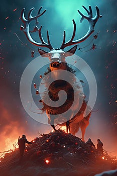 Evil sinister christmas Reindeer horror, spooky, terror above a pile of corpses