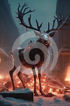 Evil sinister christmas Reindeer horror, spooky, terror above a pile of corpses