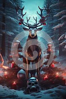 Evil sinister christmas Reindeer horror, spooky, terror above a pile of corpses