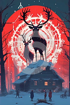 Evil sinister christmas Reindeer horror, spooky, terror above a pile of corpses photo