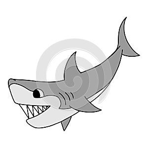 Evil toothy cartoon shark isolated on white background