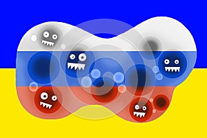 Evil toothy creatures eaters against the background of the Russian flag inside the Ukrainian flag
