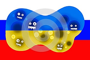 Evil toothy creatures eaters against the background of the Ukrainian flag inside the Russian flag