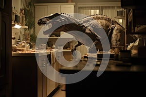 An evil tyrannosaurus sneaks around the kitchen