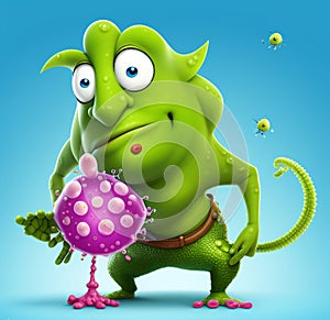 An evil virus character with a comical expression
