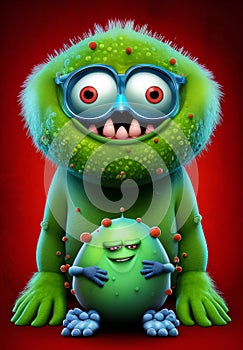 An evil virus character with a comical expression