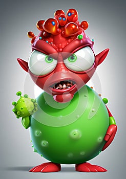 An evil virus character with a comical expression