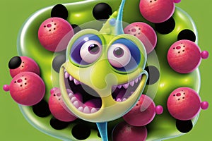 An evil virus character with a comical expression