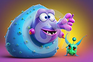 An evil virus character with a comical expression