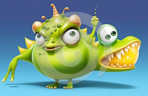 An evil virus character with a comical expression